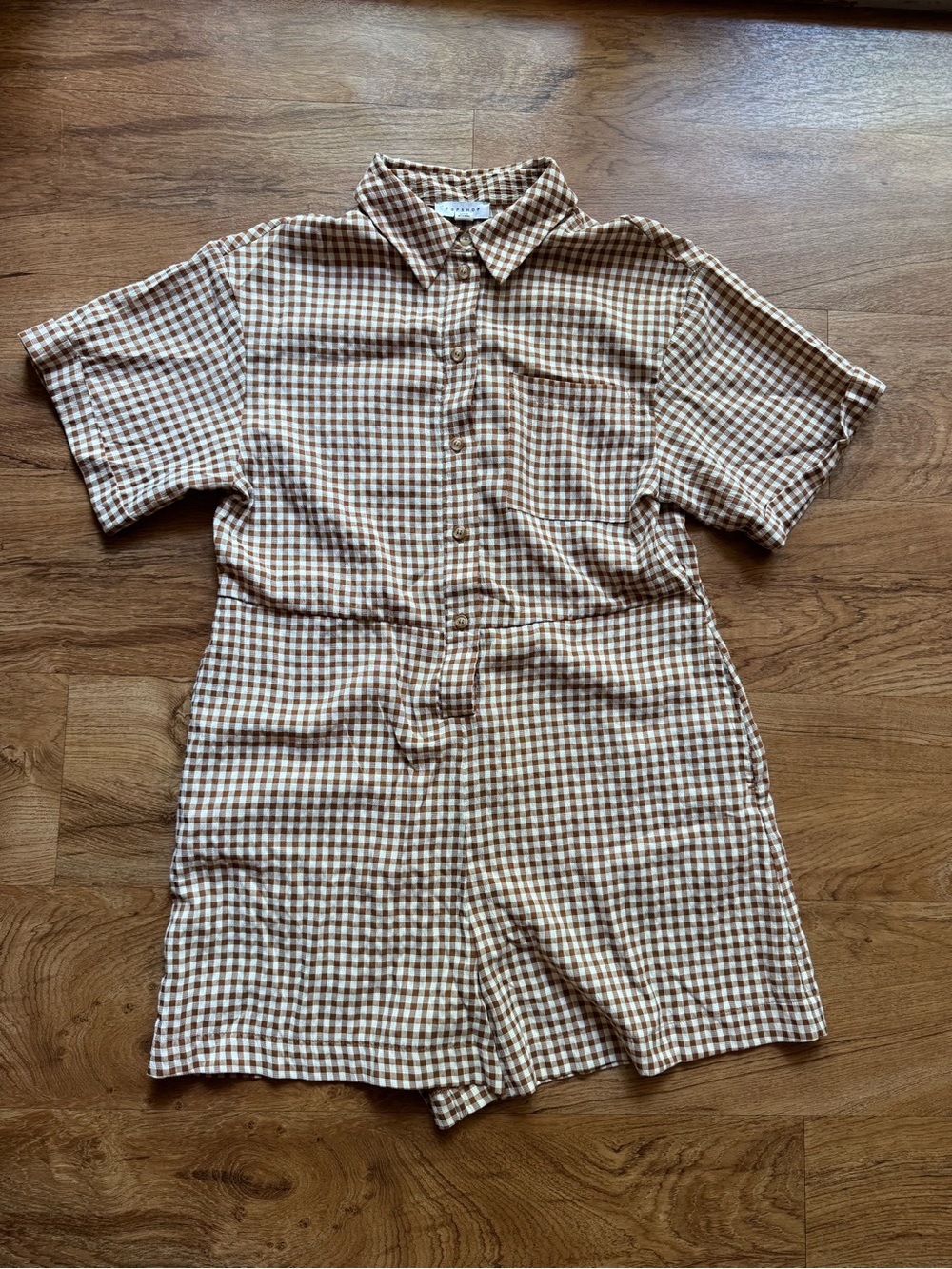 Topshop Brown and Cream Gingham Short Sleeve Romper